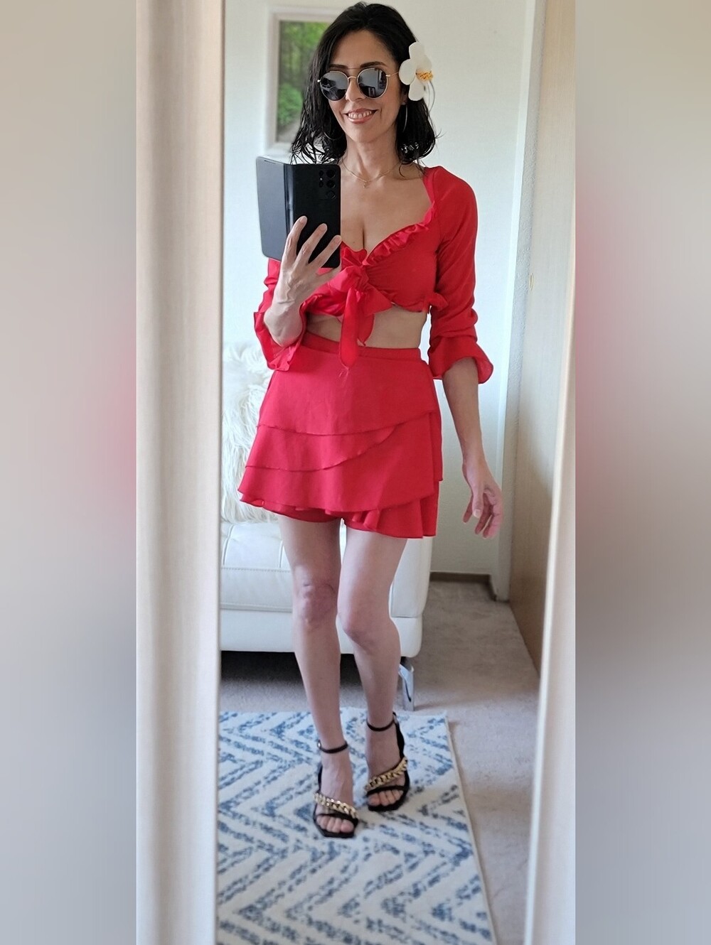 Red Ruffled Tiered Mini Skort Set - Women